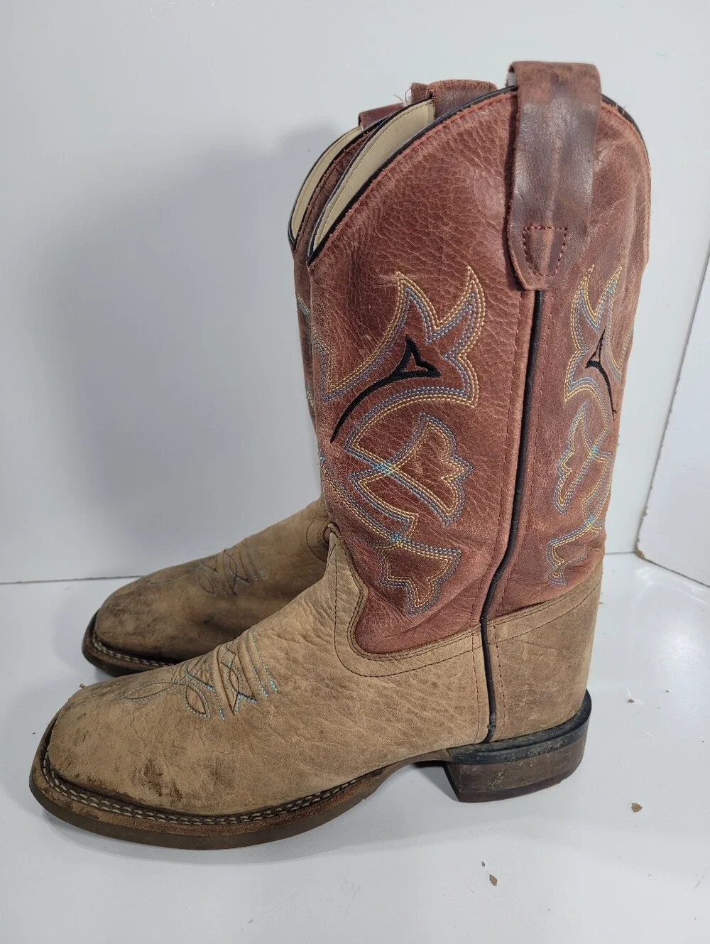 Old West BSY1912 Kids Cowboy Boots Broad Square Toe Tan Leather Youth Size 5 D